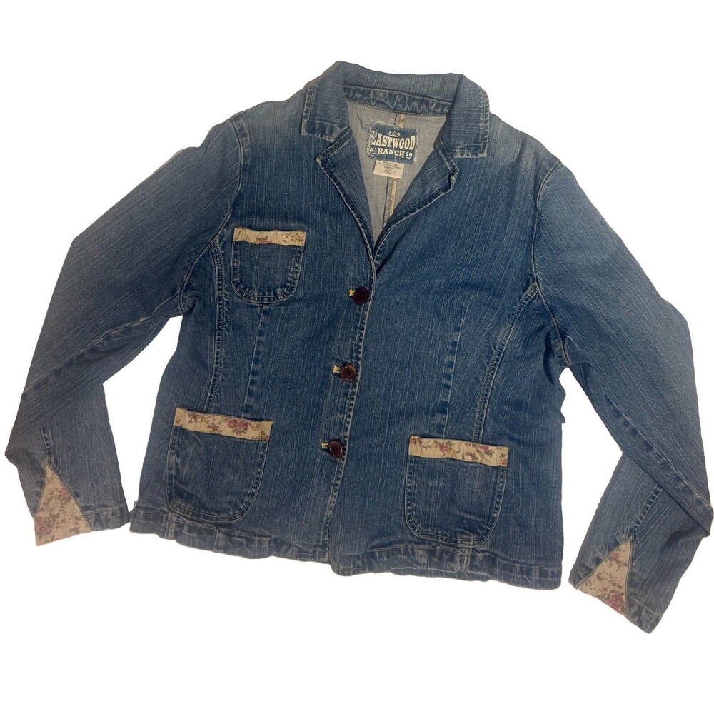 VTG 80s Eastwood Ranch Denim Jean Jacket XL Floral Accents Casual Western Boho